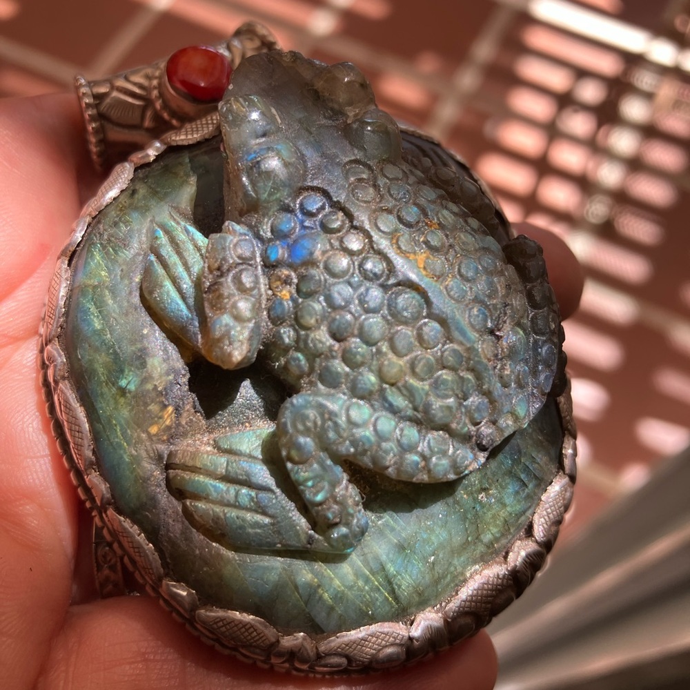 HUGE Labradorite Carved Toad Frog Pendant With Coral In Tibetan Silver Setting
